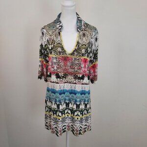 V Cristina Short Sleeve Embellished Mixed Print Tunic Top